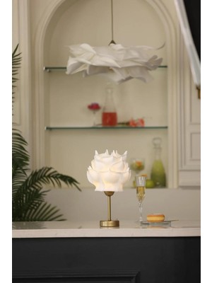 Beyaz Eva Gül Tasarım Kablosuz Pilli Masa Lambası - Alt Uzun Eskitme Gold
