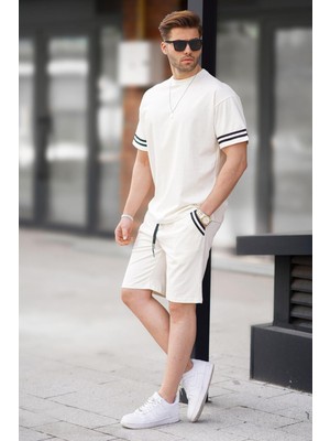 Madmext Ekru Bisiklet Yaka Erkek Şort Takımı %100 Pamuk Oversize Normal Bel 5951
