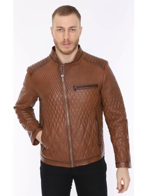 Hakiki Deri Taba Erkek Deri Mont Baklava Desen Fermuarlı Deri Ceket