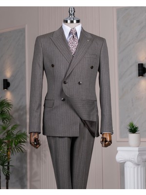 Italyan Stil Slim Fit Kruvaze Ceket Pantolon Takım Elbise Kahverengi T14469