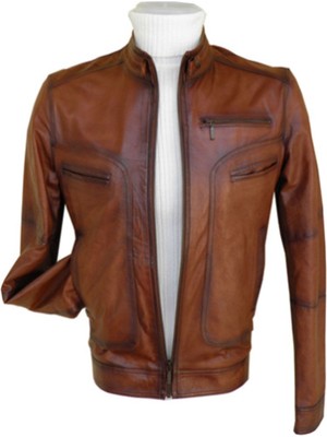 Hakiki Deri Taba Erkek Deri Mont Dört Cepli Fermuarlı Deri Ceket