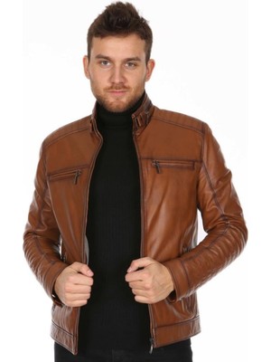 Hakiki Deri Taba Erkek Deri Mont Dört Cepli Fermuarlı Deri Ceket