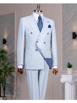 Italyan Stil Kruvaze Ceket Pantolon Takım Elbise Mavi T14094
