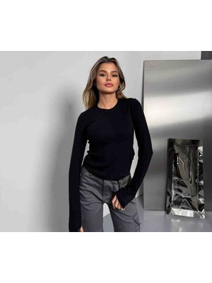 Kadın Siyah Full Likra Parmak Geçmeli Bady