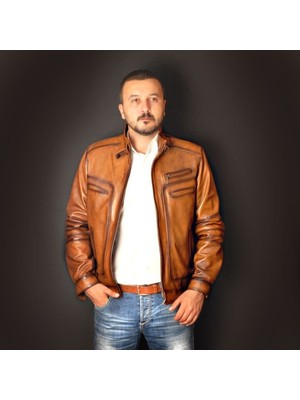 Deri Work Hakiki Deri Taba Erkek Deri Mont Dört Cepli Fermuarlı Deri Ceket