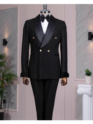 Italyan Stil Slim Fit Şal Yaka Ceket Pantolon Damatlık Set Siyah T14273
