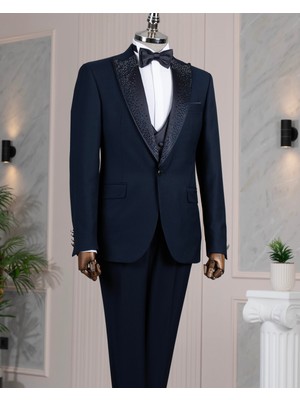 İtalyan stil slim fit taşlı ceket yelek pantolon damatlık set lacivert T14530