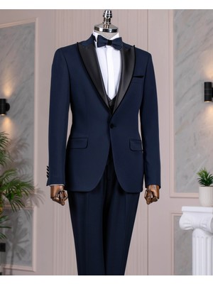 Italyan Stil Şal Yaka Ceket Yelek Pantolon Damatlık Set Lacivert T14272