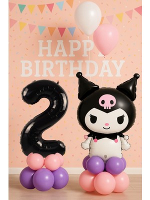 1- 9 Yaş Kuromi Doğum Günü Balon Seti Karakter Balon Siyah Rakam Pembe Mor Pastel Balon Videolu Kolay Kurulum