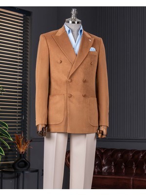 Terzi Adem Altun İtalyan stil kadife kruvaze erkek tek ceket camel T11034