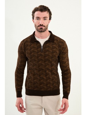 Desenli Slim Fit Fermuarlı Polo Yaka  Şönil Kumaş Erkek Triko Kazak