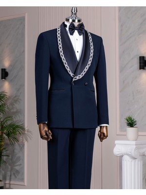 Italyan Stil Slim Fit Şal Yaka Taşlı Ceket Pantolon Damatlık Set Lacivert T14549