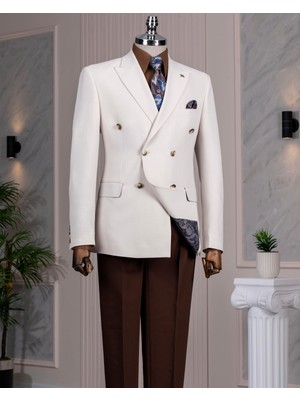 Italyan Stil Slim Fit Kruvaze Sivri Yaka Erkek Ceket Bej T13648