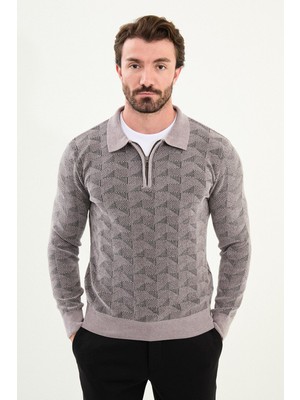 Desenli Slim Fit Fermuarlı Polo Yaka  Şönil Kumaş Erkek Triko Kazak