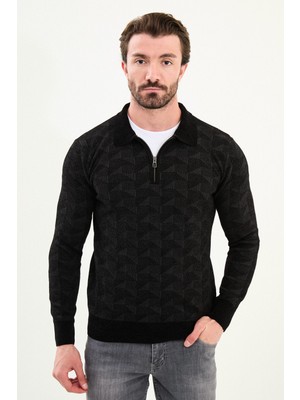 Desenli Slim Fit Fermuarlı Polo Yaka  Şönil Kumaş Erkek Triko Kazak