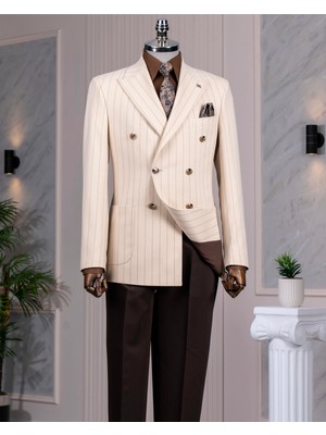 Italyan Stil Slim Fit Kruvaze Erkek Tek Ceket Bej T14338
