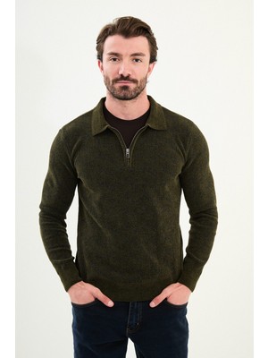 Desenli Slim Fit Fermuarlı Polo Yaka  Şönil Kumaş Erkek Triko Kazak