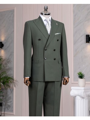 İtalyan stil slim fit kruvaze ceket pantolon takım elbise yeşil T14486