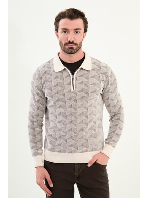 Desenli Slim Fit Fermuarlı Polo Yaka  Şönil Kumaş Erkek Triko Kazak