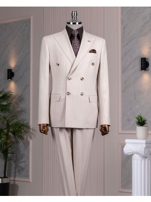 Italyan Stil Slim Fit Kruvaze Ceket Pantolon Takım Elbise Bej T14468