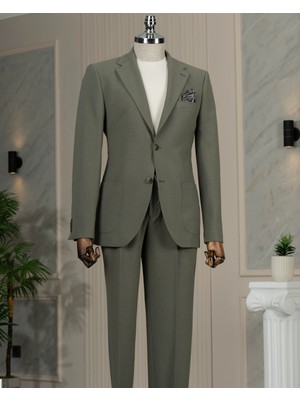 Italyan Stil Slim Fit Mono Yaka Ceket Pantolon Takım Elbise Yeşil T14472