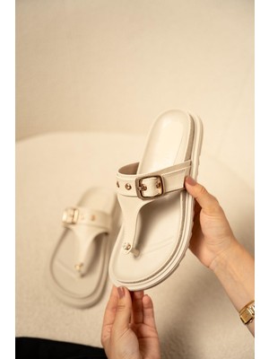 Nathex Bej Deri Kemer Detaylı Kalın Tabanlı Kadın Terlik