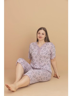 Kadın Büyük Beden Kısa Kollu Kapri Bambu Pijama Takımı