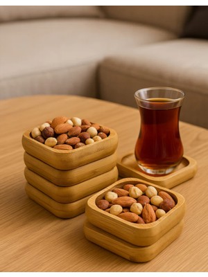 Pinterest Stil 3'lü Doğal Bambu Çerezlik Seti Ahşap Dekoratif Sade Kase Kare Atıştırmalık Kabı