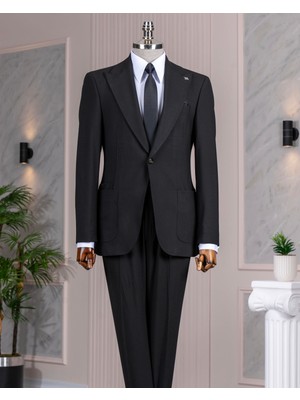 Italyan Stil Slim Fit Torba Cep Ceket Pantolon Takım Elbise Siyah T14551