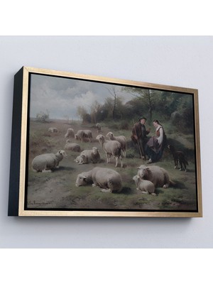 Çerçeveli Dekoratif Kanvas Tablo, Cornelis Van Leemputten Schaferpaar Mit Herde Tablosu -7006