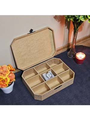 Ahşap 9 Bölmeli Takı ve Saat Kutusu, Boyanabilir, Hobi, Şık Tasarım