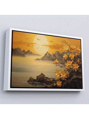 Çerçeveli Dekoratif Kanvas Tablo, Deniz Manzaralı Soyut Çiçekler TABLOSU-7214