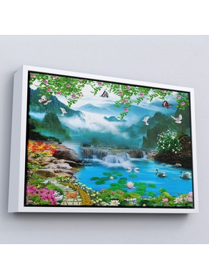 Çerçeveli Dekoratif Kanvas Tablo, Renkli Çiçekler ve Şelale Manzara TABLO-7197
