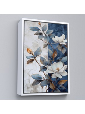 Çerçeveli Dekoratif Kanvas Tablo, Mavi ve Beyaz Çiçekler TABLOSU-7886