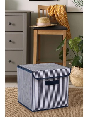 Lacivert Çizgili Katlanabilir Dolap Içi Saklama Kutusu 30X30X30