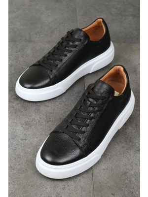 “erkek Siyah Hakiki Deri Sneaker - Kalın Tabanlı Günlük Spor Ayakkabı”