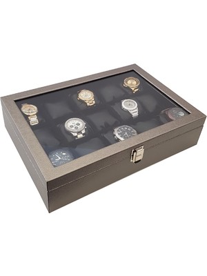 Gri Deri Ahşap Camlı Saat Kutusu, Şık ve Dayanıklı Tasarım, Düzenli Saklama Sağlar.