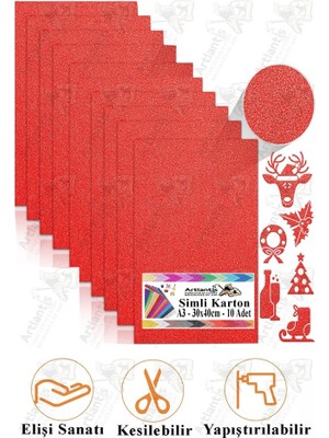 Kırmızı Simli Karton A3 30X40 cm 10 Lu 1 Paket Simli Fon Kartonu Parıltılı Kağıt Anasınıfı Kreş Etkinlik Proje
