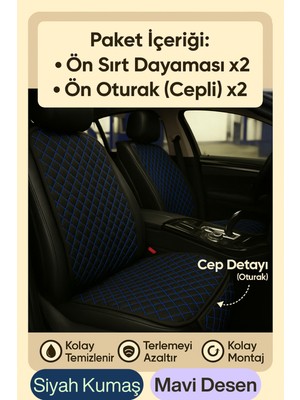 Seat Altea 2004 ve Sonrası Uyumlu Kumaş Oto Koltuk Minderi Ergonomik Kapitone 2'li Siyah Mavi