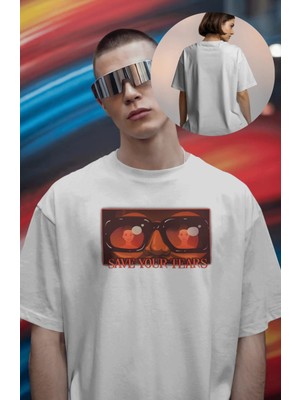 Unisex Save Your Tears Yazılı Tişört, Oversize The Weeknd Temalı Bisiklet Yaka T-Shirt