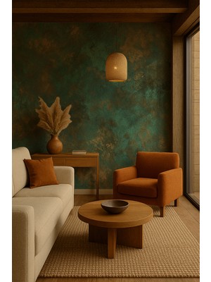 Kendinden Yapışkanlı Atlas Efektli Duvar Kağıdı – Zümrüt Yeşili & Bakır Doku | Tekstil Tabanlı