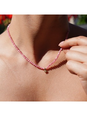 925 Ayar Gümüş Altın Kaplama Pembe Turmalin Doğal Taşlı Kişiye Özel Harf Kolye - NGS00122