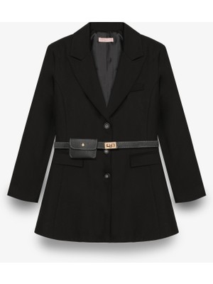 Kemerli Çanta Aksesuarlı Blazer Ceket Elbise Siyah
