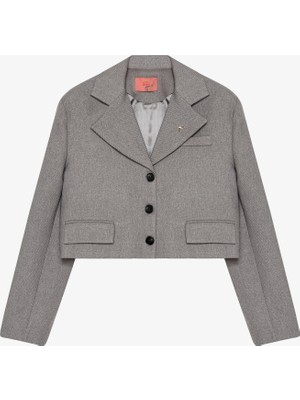 Broş Aksesuarlı Düğmeli Crop Blazer Ceket Gri