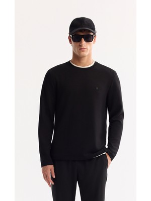 AVVA Erkek Siyah Bisiklet Yaka Viskon Karışımlı Bi-Stretch Basic Regular Fit Sweatshirt B001081