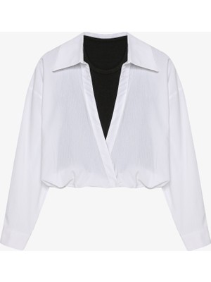 Içi Atlet Garnili Kruvaze Yaka Bluz Beyaz