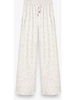 Yıkama Efektli Beli Bağcıklı Bol Paça Eşofman Altı Ekru