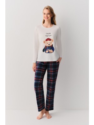 Suwen Teddy Bear Kadın Pijama Takımı Klasik Yaka Lacivert Desenli Örme Kumaş