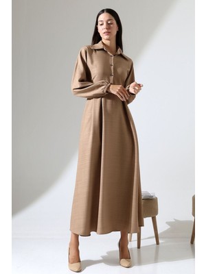 Kadın Belden Oturtmalı Kendinden Kuşaklı Keten Tesettür Elbise