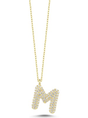 925 Ayar Gümüş Zirkon Taşlı 3 Boyutlu Balon M Harfi Kolye